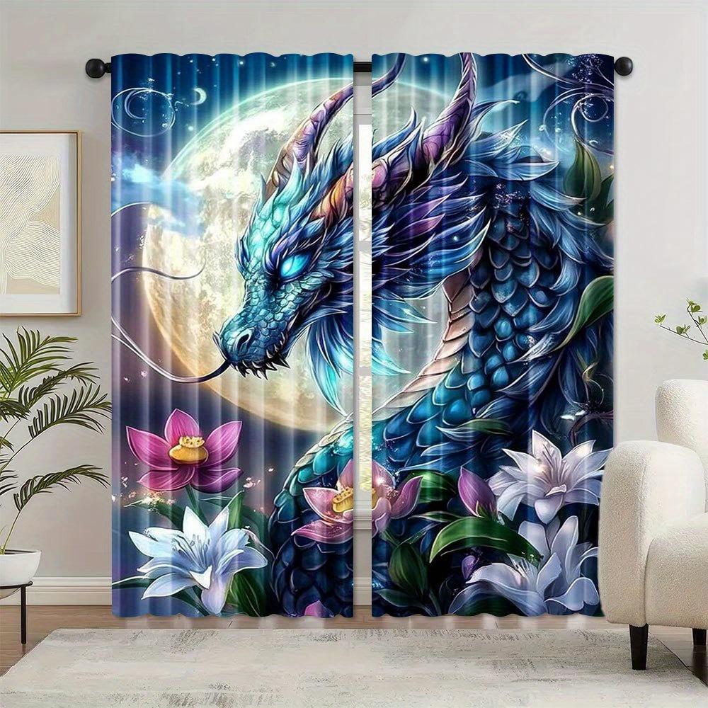 2pcs   Dragon Pattern Curtains Polyester Light Filtering Rod Pocket Design for Bedroom Living Room Office Home Decoration Easy In