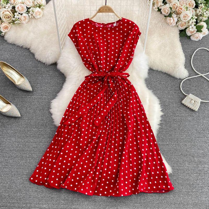 

Summer Lightly Mature Pleated Polka Dot Dress Bows Red One size