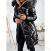 European & American Mid-Length Shiny PU Fur Collar Slim Fit Cotton Jacket 2024 - Fashionable, Warm Coat for Women.
