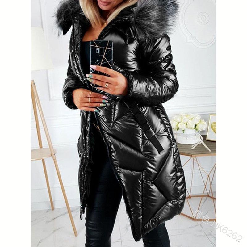 European & American Mid-Length Shiny PU Fur Collar Slim Fit Cotton Jacket 2024 - Fashionable, Warm Coat for Women.