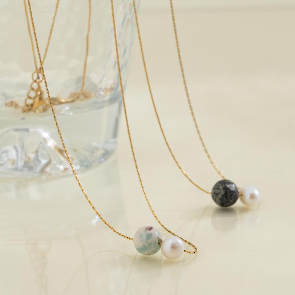French Natural Stone & Freshwater Pearl Necklace - 18K Gold Plated Stainless Steel Clavicle Chain, Simple & Elegant for Daily Wear