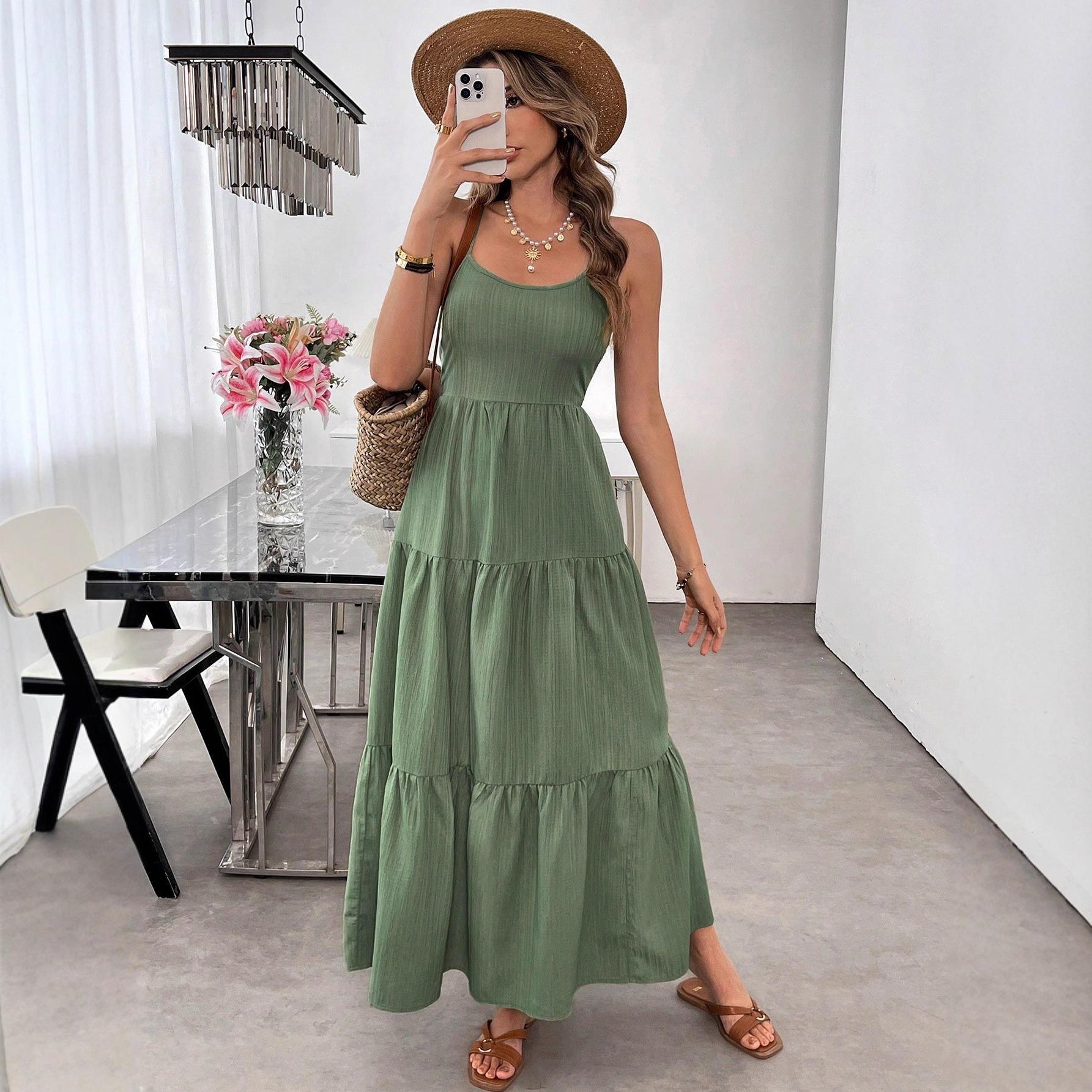 Women s Pink Spaghetti Strap Back Bow Detail Tiered Ruffle Maxi Dress S