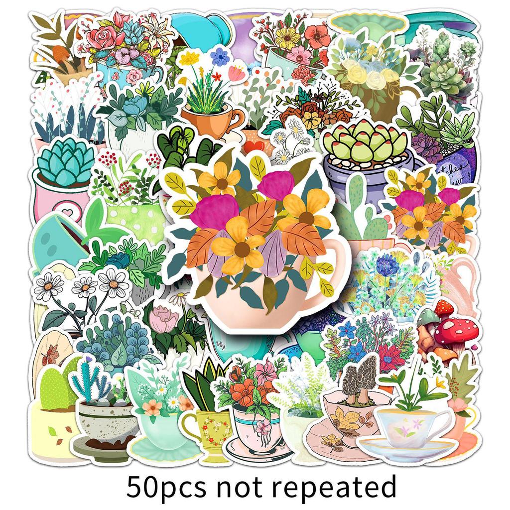 50pcs Artistic Tea Cup Stickers: Fresh, Waterproof, Decorative Milk Tea Designs for Journals and Crafting