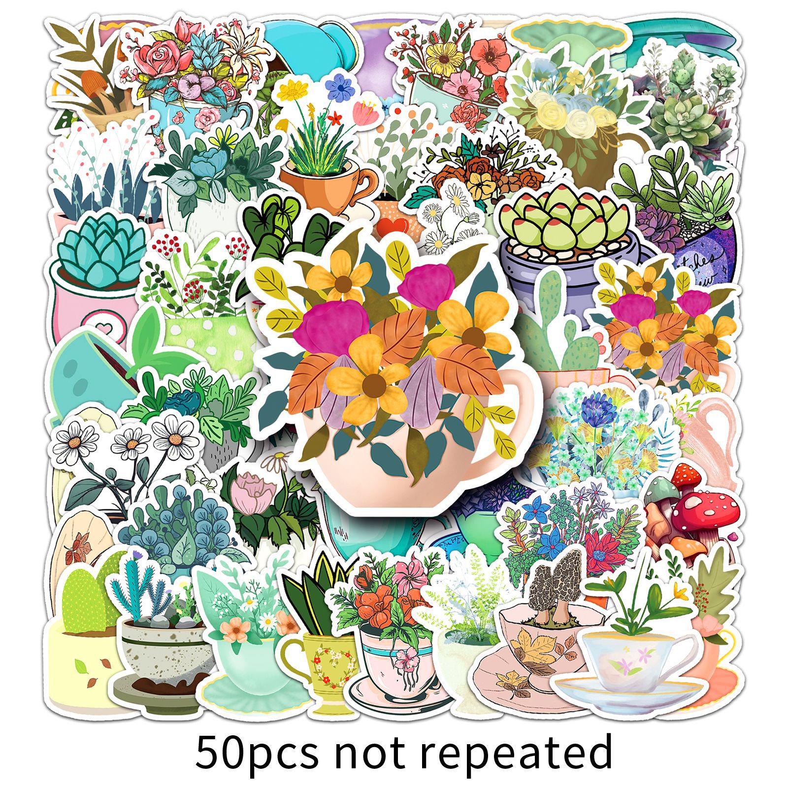 

50pcs Artistic Tea Cup Stickers: Fresh, Waterproof, Decorative Milk Tea Designs for Journals and Crafting