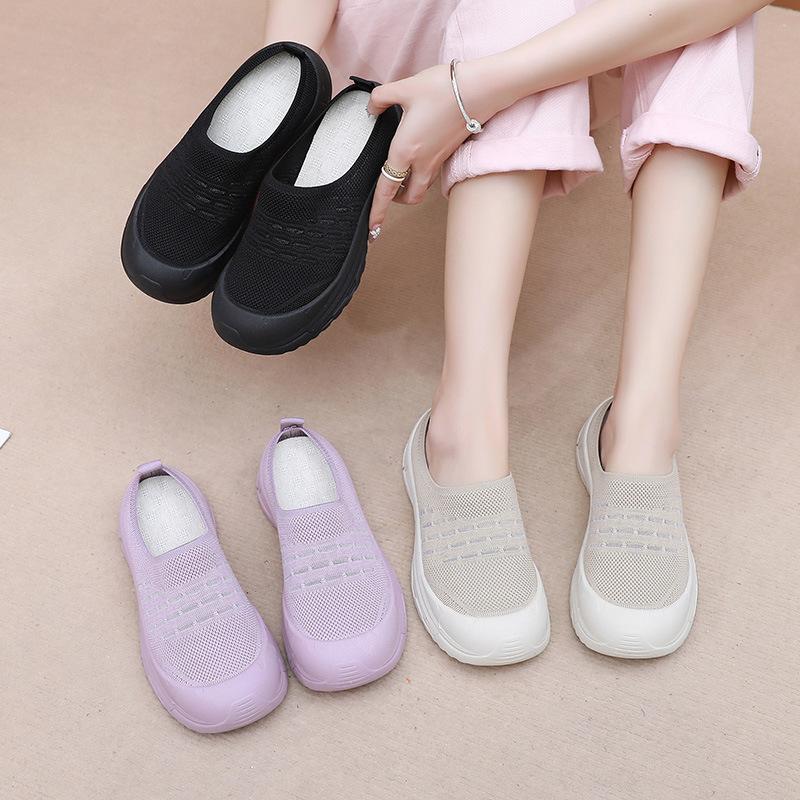 Fashion Summer New Women's Mesh Cloth Shoes Breathable Soft Sole Casual Half Slippers Cloth Shoes Women Wear-resistant Soft Sole Shoes