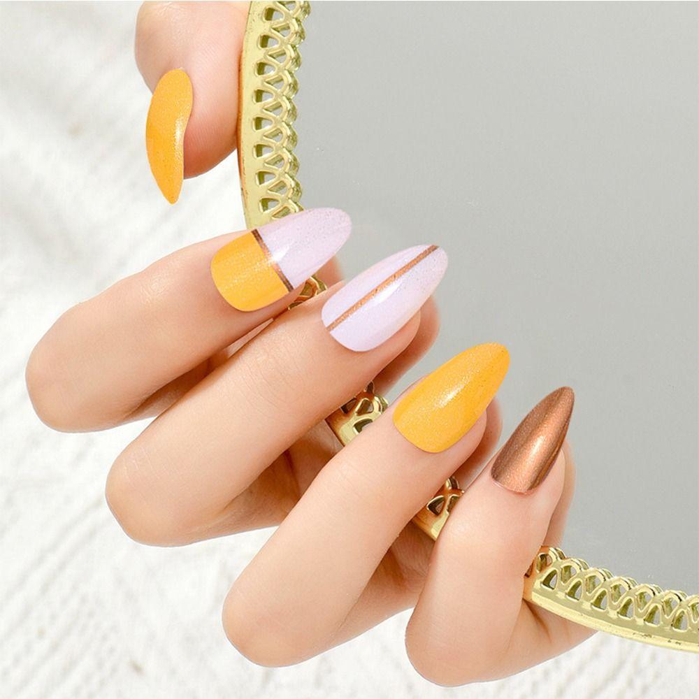 

Nail Tips Rose Pattern Detachable Manicure Fake Nails Magic Mirror Powder Long Almond False Nails