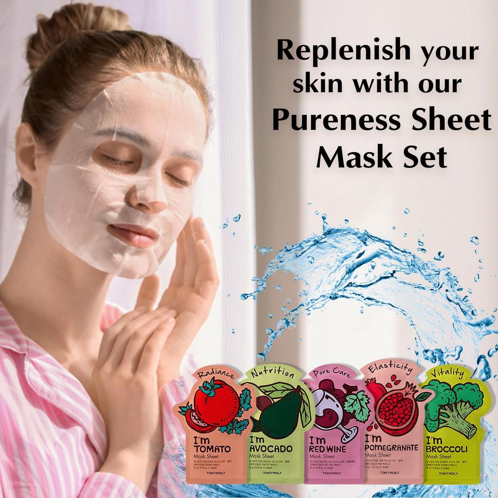 Tonymoly Pureness Sheet Mask| Pack of 5| Cotton Face Sheets| Brightens & Nourishes Skin| Sheet Mask Combo