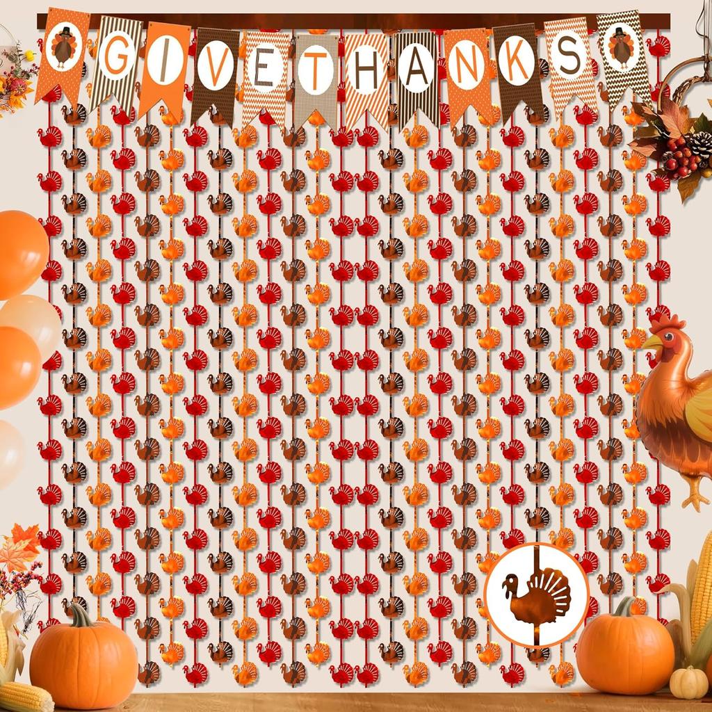 Thanksgiving Decorations, 2 Pack 3.3 x 6.6 Ft Red Orange Brown Turkey Metallic Tel Foil Fringe Curta Streamers Backdrop for Fall Thanksgiving