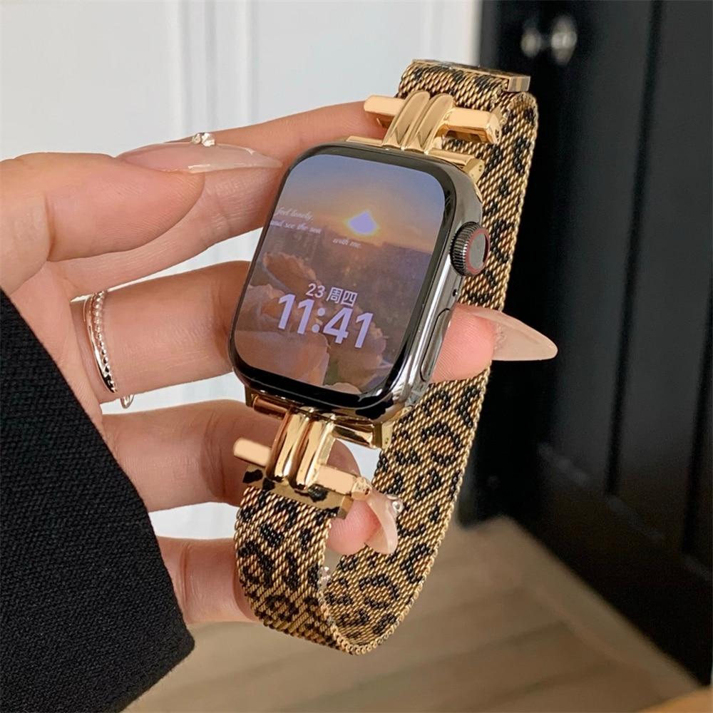 Leopard Print Magnetic Women Gold Wristband for Apple Watch Band Ultra 3 49mm For iWatch Series 11 10 9 8 7 SE3 46mm 44/45/40/38mm Strap Lady Bracelet