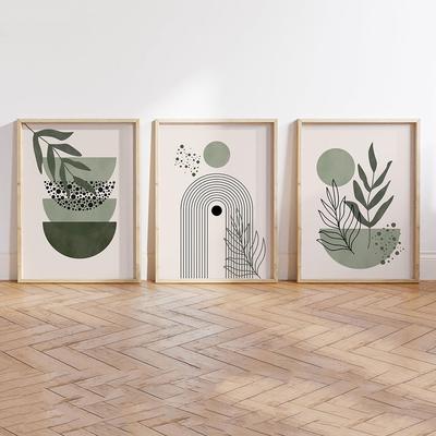Arte de pared con líneas geométricas abstractas de plantas verdes salvia bohemias, lienzo, carteles nórdicos e impresiones, imágenes para la decoración de la sala de estar.