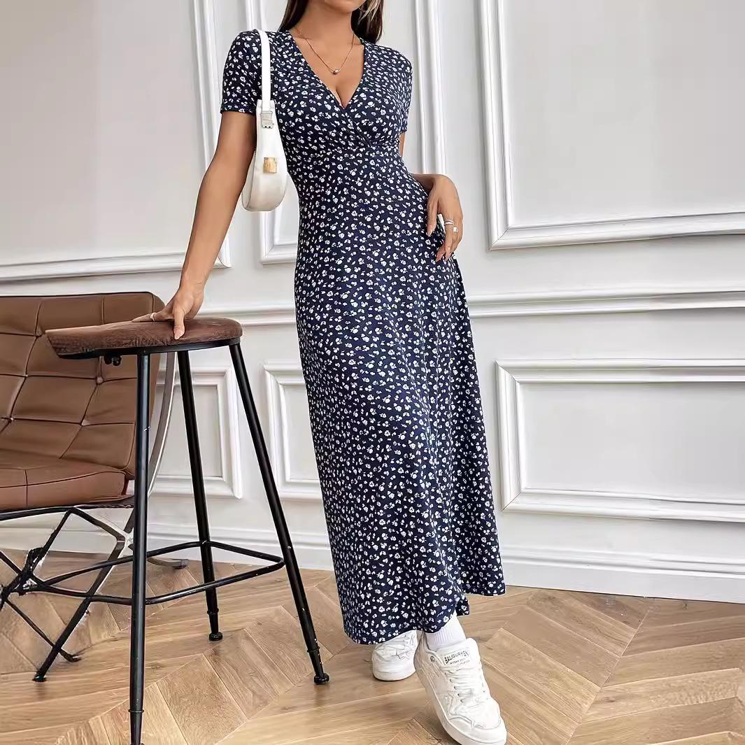 

T9121 European and American Women s Fashion Small Floral V-Neck Mid-Length Dress XXL темно-синий