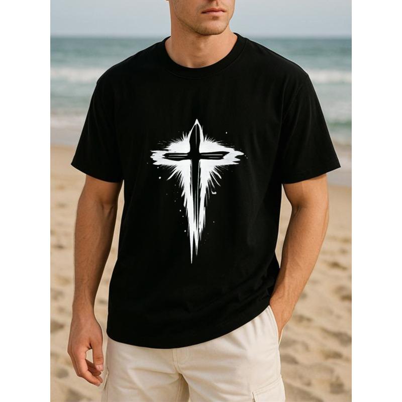 European sizes Ink-splashed Cross Faith Hardcore Style Trendy Print T-shirt | Lightweight, Round-neck, Short-sleeved, Comfortable