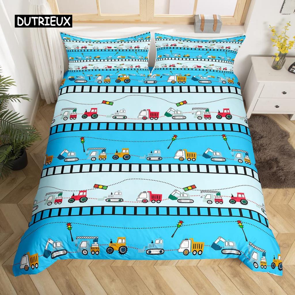 Kids Equipment Trucks Duvet Cover King Boys Cartoon Car Excavator Tractor Bedding Set Construction Highway Comforter Cover Set