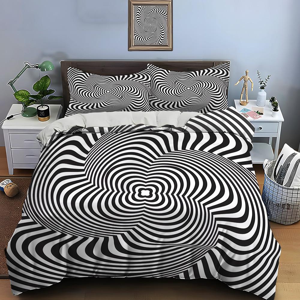 Black and white optical vortex Bedding Set for Kids Luxury Gift 3pcs Digital Print Comforter Set Soft Comfortable Breathable