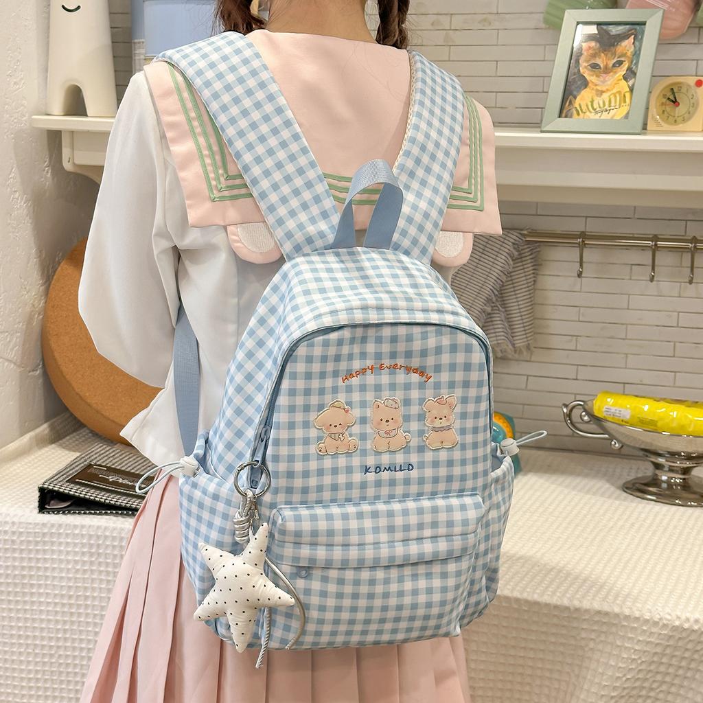 Schoolbag fog gray milk grid star embroidery backpack Japanese soft sister large capacity backpack junior high school girls fresh schoolbag