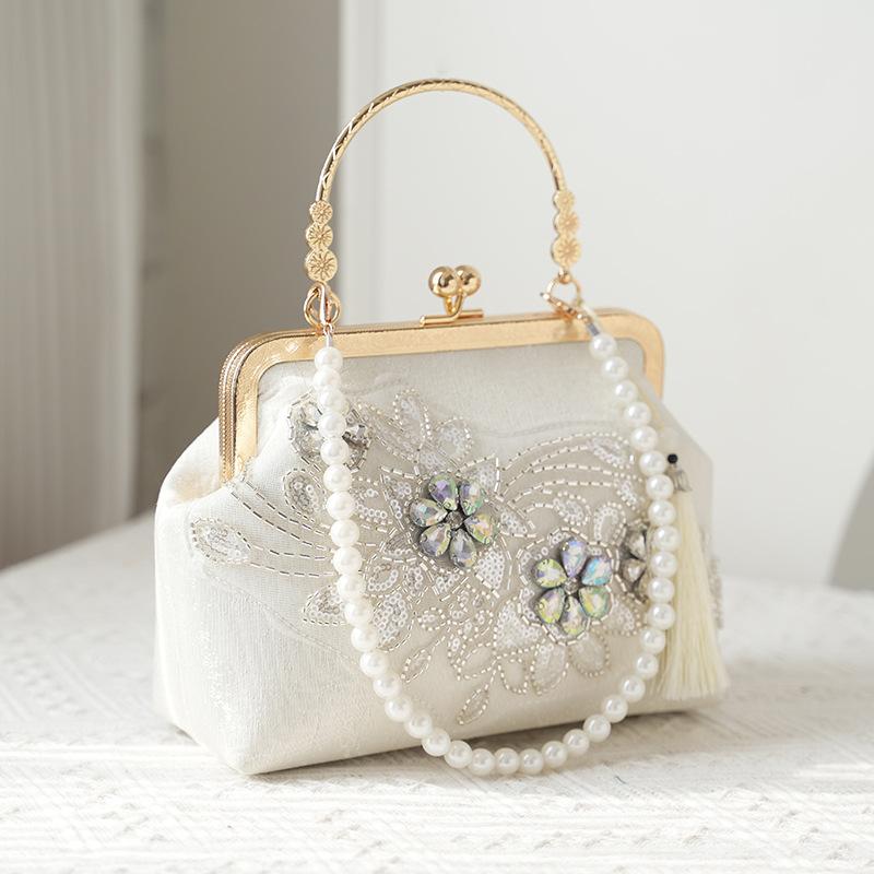 Pearl Embroidery Fashion Tote Bag Cheongsam Banquet Clutch Bag Chain Bag Embroidery Bead Bag Shoulder Bag Pearl Chain Bag