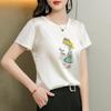 Women's White Silk-Cotton Splicing T-Shirt: 2025 Summer Loose-Fit Korean Style with Mulberry Silk and Short Sleeves, Printed Design.