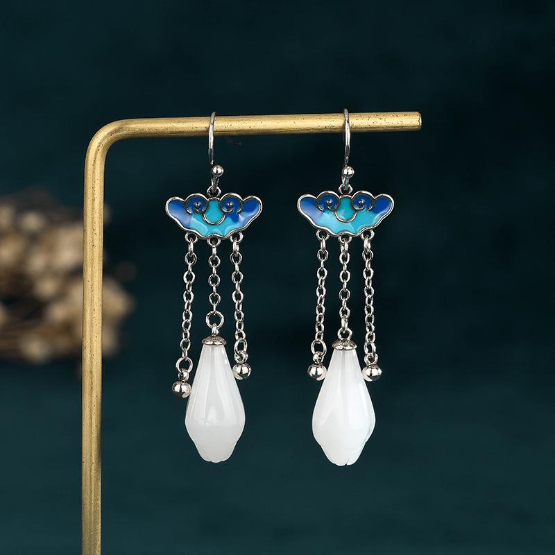 Aieryuan Ethnic Cloisonné Magnolia Long Earrings - Thai Silver Plated Auspicious Clouds Design