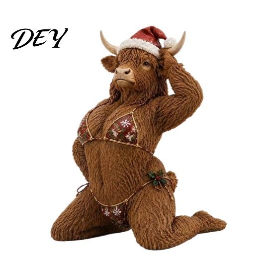Festive Interior Decor Funny Christmas Highland Cow Figurine, Sexy Statue with Santa Hat Small Xmas Desk & Bikini, Creative Desktop Tabletop Ornament