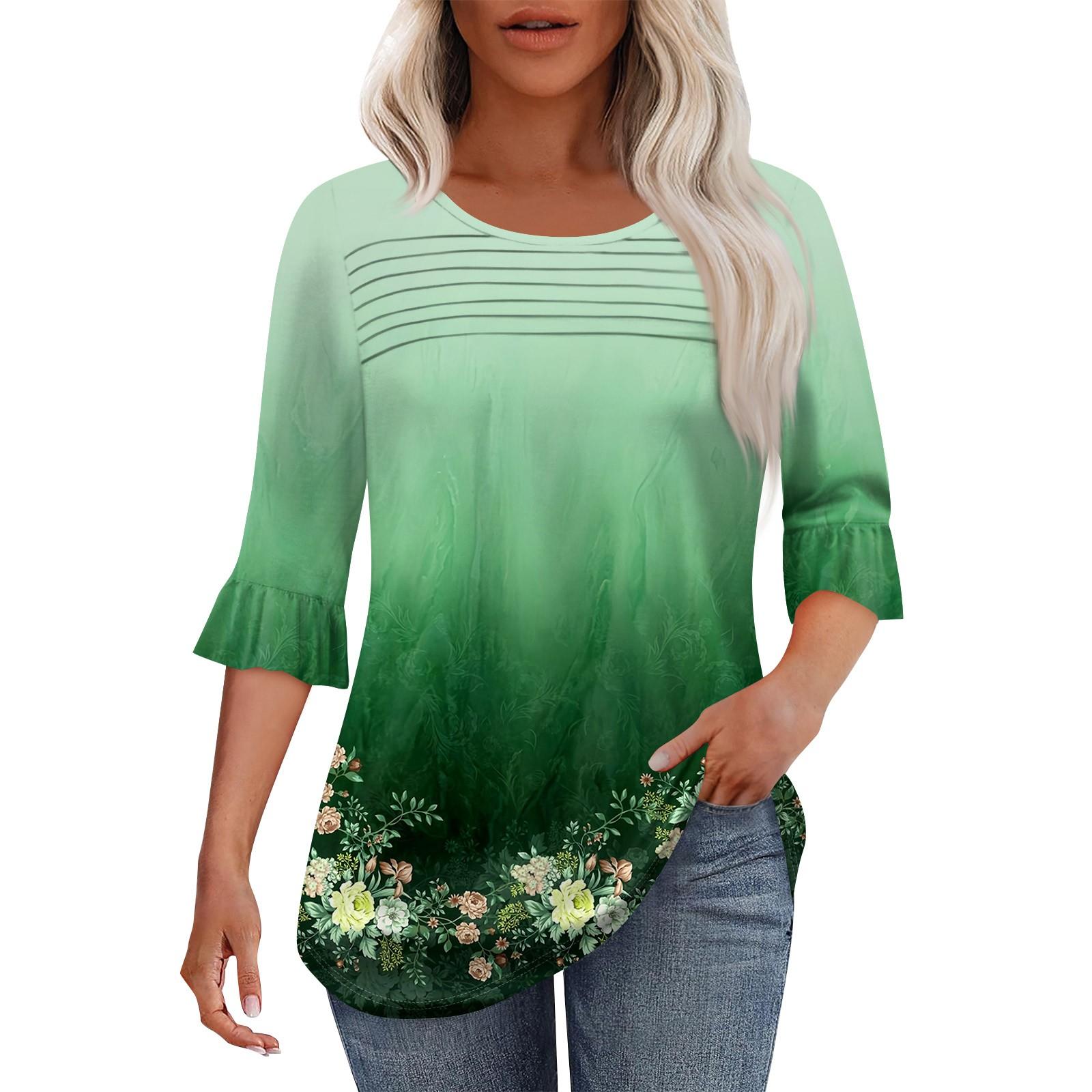 

Жіноча модна плісирована верхня частина з 3/4 рукавами та круглим вирізом XXL зелений