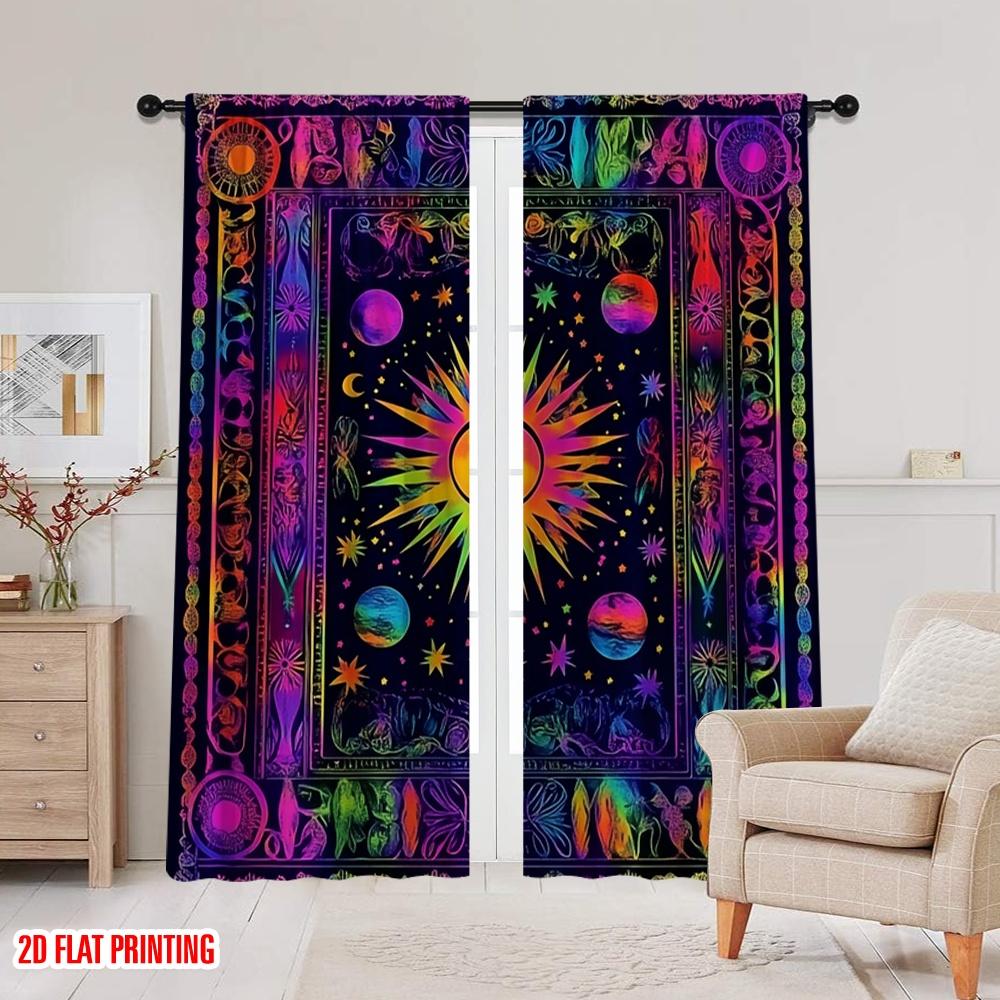 2Pcs 2D Flat printingBoho Door Curtains Sun Moon For French Door Hippie Bohemian Suitable For Bedroom Bathroom Living Room