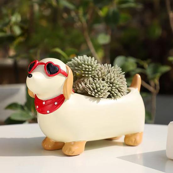 Resin Dachshund Planter, Decorative Small Plant Pot with Drainage Hole, Cute Puppy Planter for Succulents Small Indoor Plants