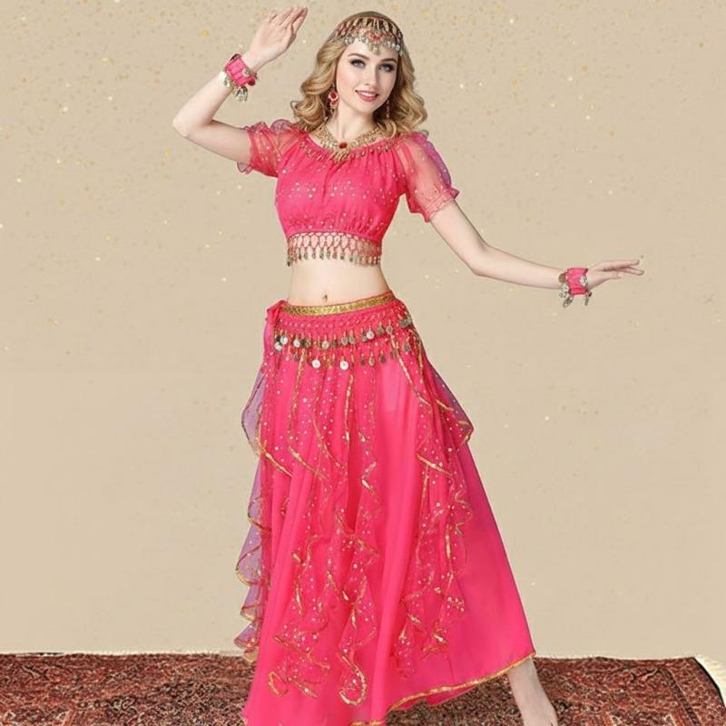 Short Sleeve Choli Top Maxi Swing Skirt 7-Piece Sari Performance Outfit Women's Bollywood Indian Dance Costume Set