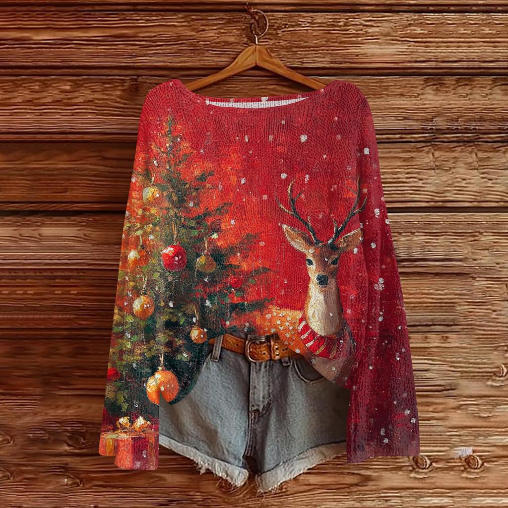 Women's Casual Fashion Round Neck Top Christmas Print Long Sleeve Knit Pullover