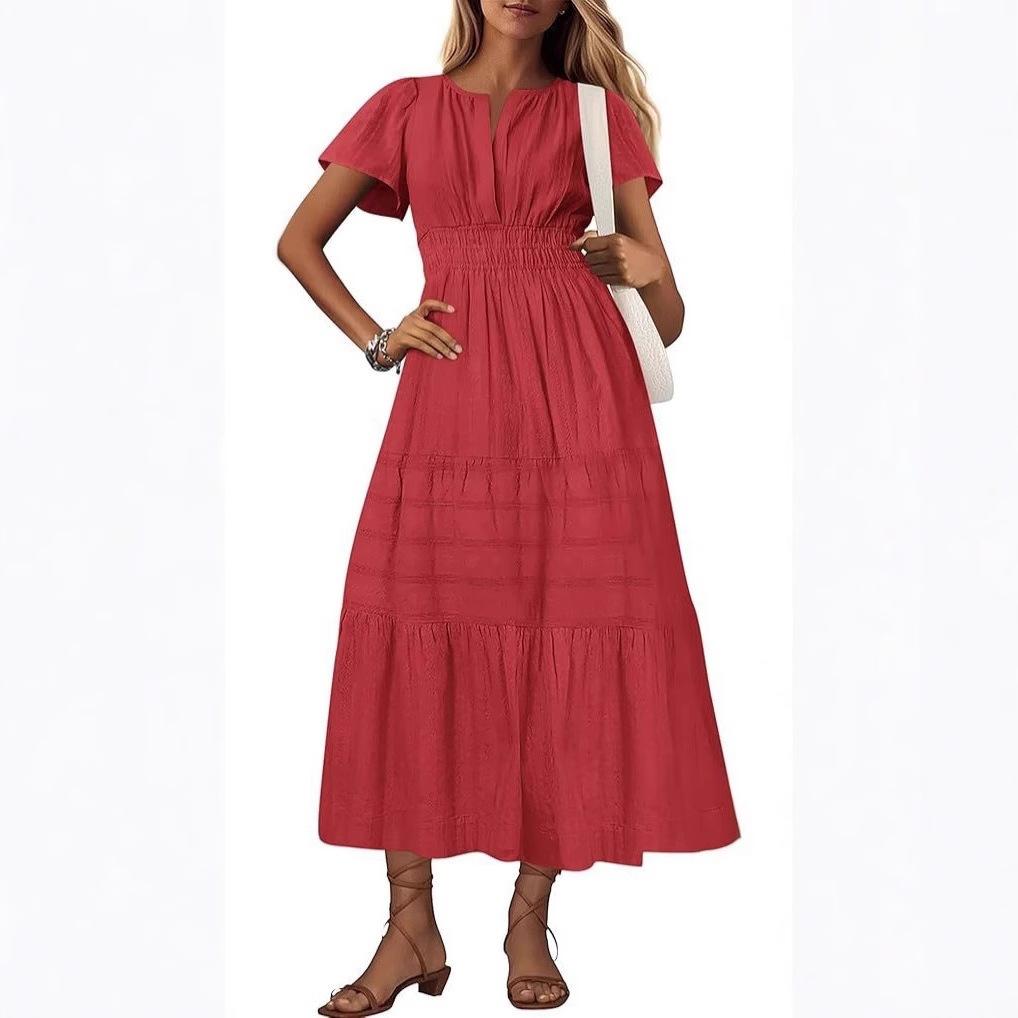 2026 Spring and Summer European and American Women's Fashion V-neck Pleated Bubble Sleeves Layered Pendulum Dress Women
