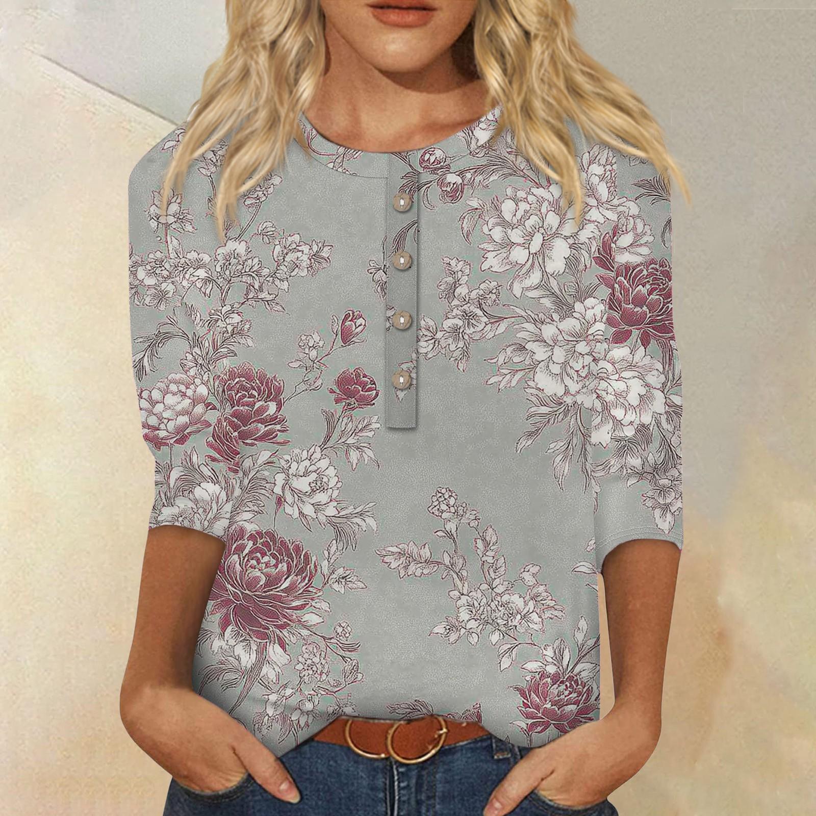 

Женская мода повседневная 3/4 рукава цветочный принт пуловер круглый вырез топ повседневная одежда XL