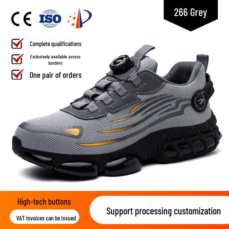 Men's Fly-Knit Safety Shoes: Anti-Smash, Anti-Puncture, Breathable, Lightweight, Comfortable, Wear-Resistant with Soft Sole and Button Closure.