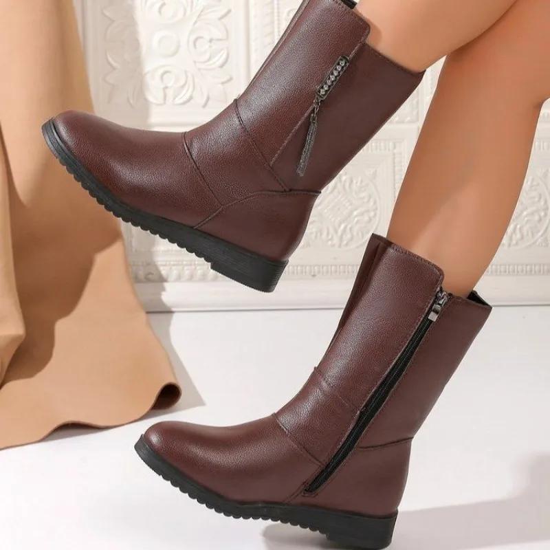 Middle Boots Winter Women'S Korean Style Low Heel Solid Color Fce Warm Plus Size 41 42 Outdoor Anti-Skid Boots New
