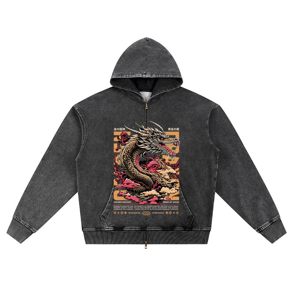 DTG print Knitted Denim Zip-Up Hoodie Golden Dragon Brother Print Zipper Hoodies