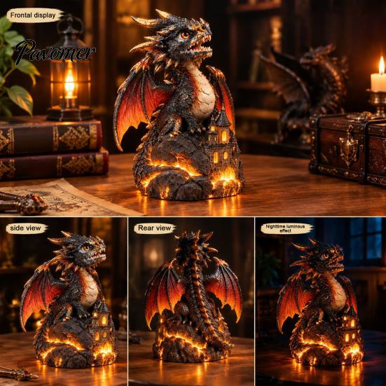 Creative Shelf Decor Light Up Dragon Figurine, Resin Gothic Castle Statue, Decorative Home Fantasy Creature Ornament for Home, Office Table, Desk