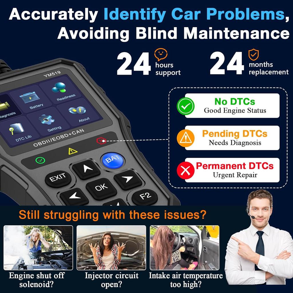 OBD2 Scanner with Battery Tester - Diagnostic Tool for Cars, Check Engine Light & Emissions Readiness, Real-Time Date, Plug & Play