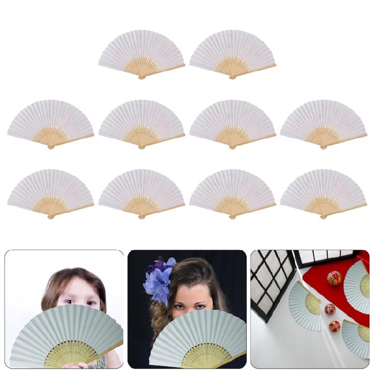 10Pieces Set Plain Chinese Paper Fan Bamboo Rib White Plain Folding Fan Painting Handheld Fan Party Decoration