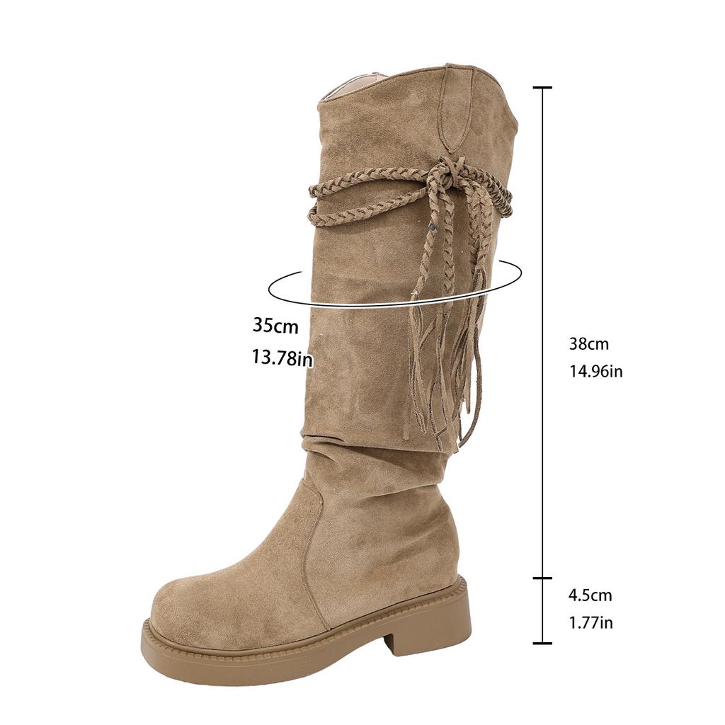 Braided Tassel Western Boots for Women Vintage Faux Suede Chunky Heel Long Boots Woman Autumn Winter Knee High Botas Mujer 2025