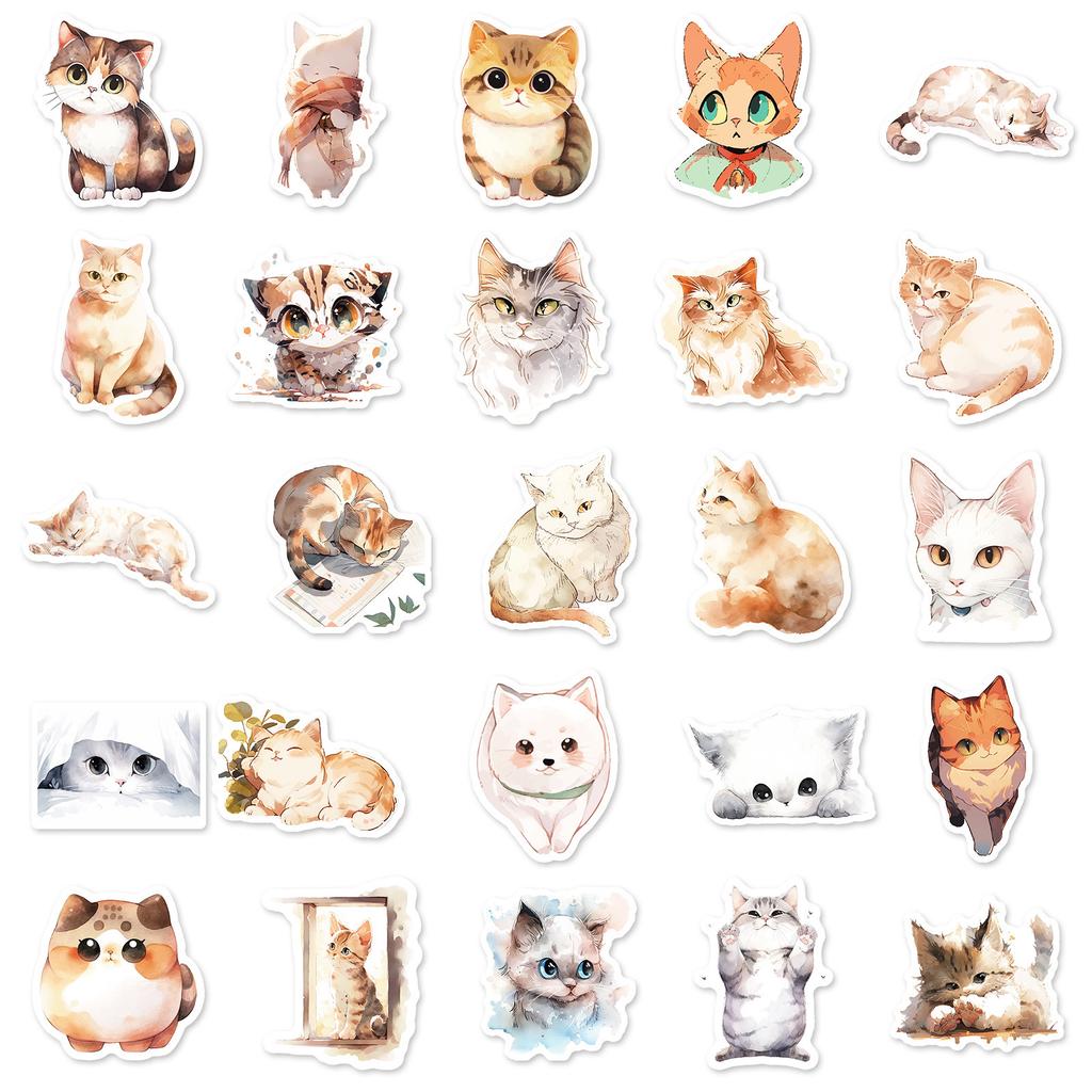 50 Watercolor Cat Stickers Cute Cartoon Cute Pet Cat Stickers Laptop Decoration