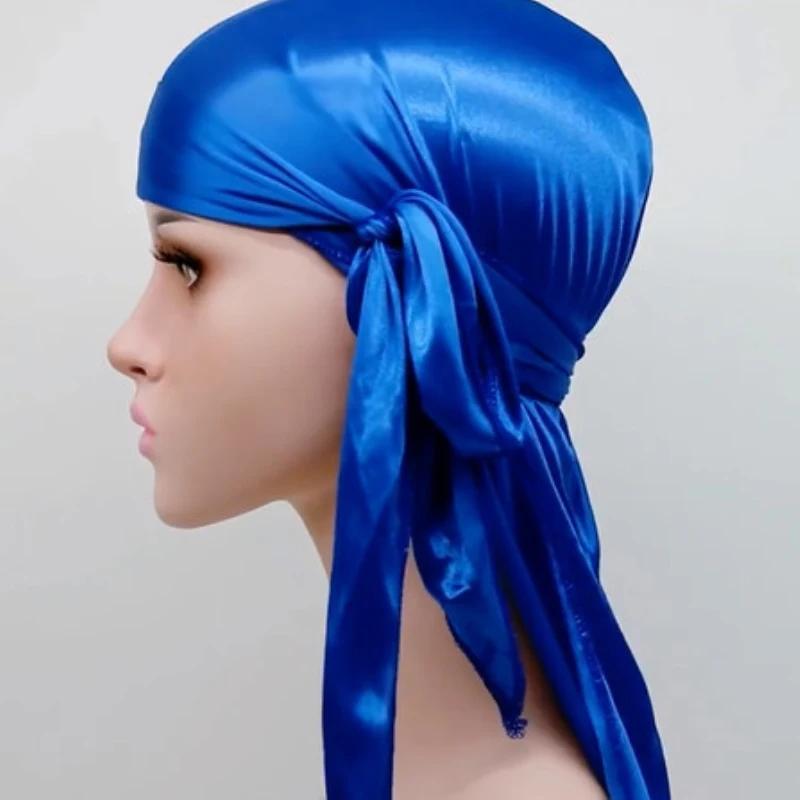 Novas Toucas Durag de Cetim Bandana Unissex Masculino Feminino Lenço de Cabeça Headwear Turbante Chapéu Boné de Ondas Cauda Longa Hijab Faixas Esportivas para Cabeça