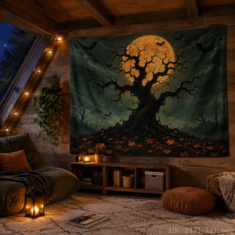 Gloomy Ancient Tree Owl Pumpkin Spider Web Halloween Tapestry Tea Room Tranquil Atmosphere Living Room Decoration