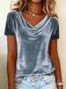 Moda Transfrontaliera 2026: T-shirt da donna in velluto a tinta unita con colletto a balze e maniche corte