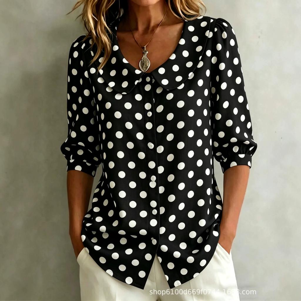 Women's Polka Dot Peter Pan Collar Puff Sleeve Blouse White Black Casual Shirt