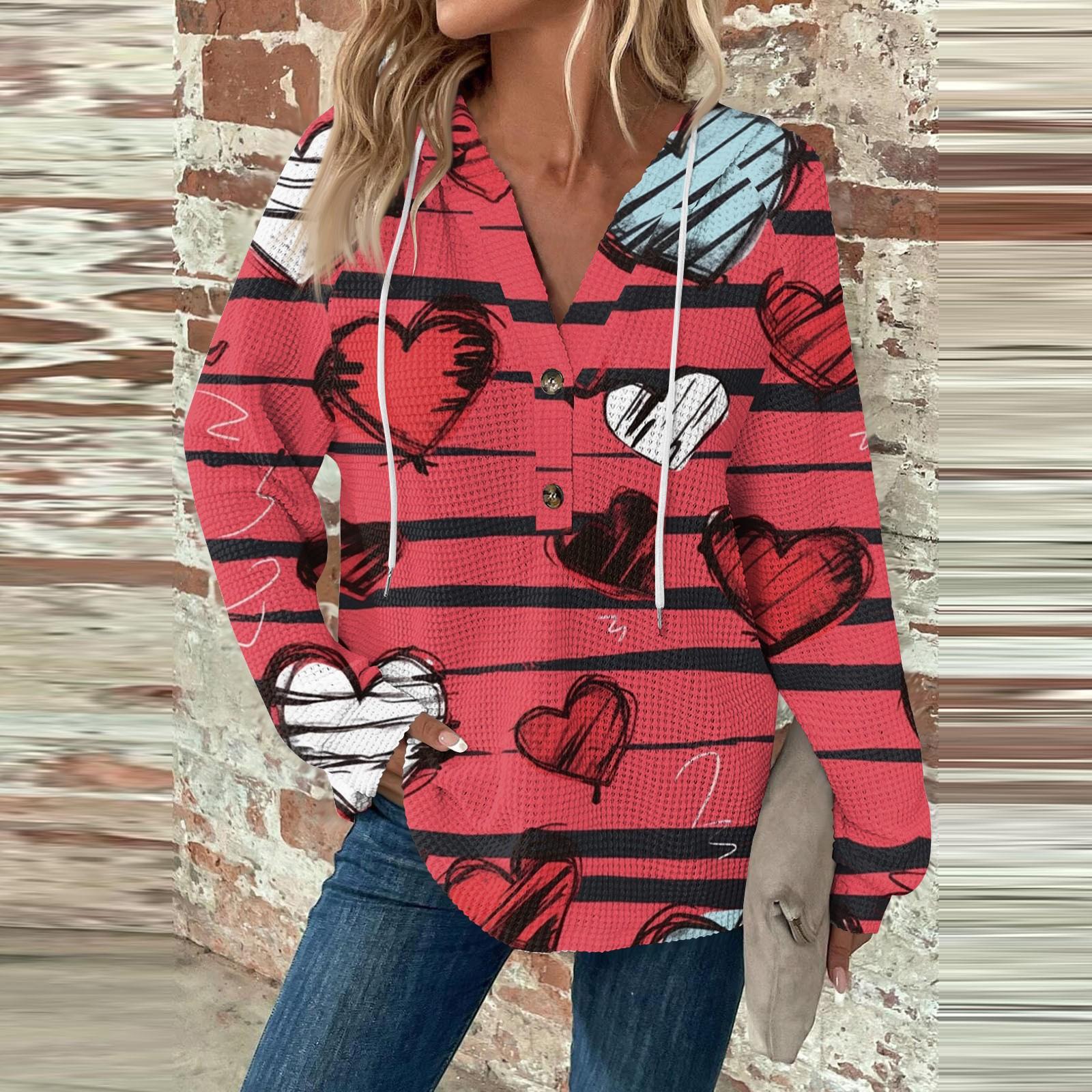 

Женский повседневный топ с длинным рукавом, пуговицами, V-образным вырезом, принтом ко Дню святого Валентина, затягивающимся шнурком и капюшоном XL арбуз красный