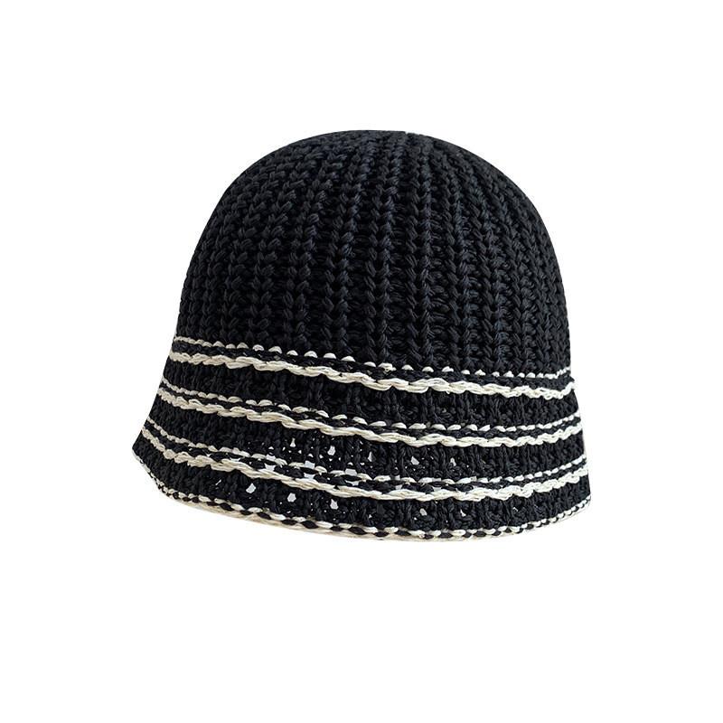 Черная вязаная шапка-рыбака для женщин, полосатая, тонкая, дышащая, для большого обхвата головы, защита от солнца, панама