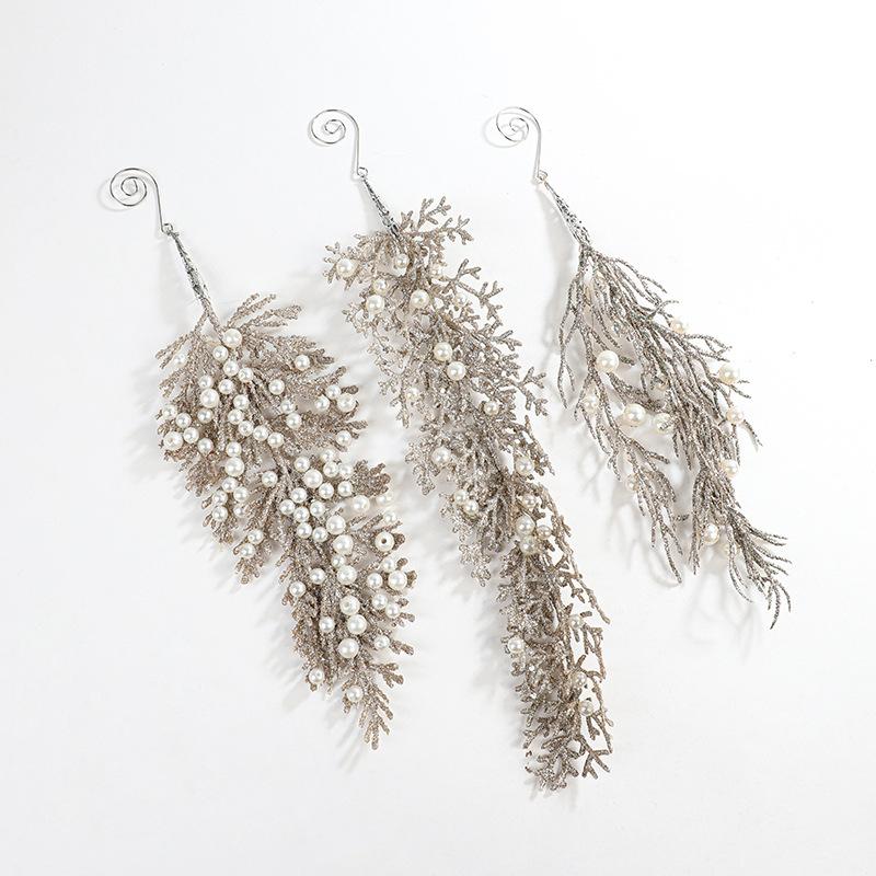 Champagne Irregular Christmas Ornaments with Frosted Pearls & Cedar Leaf, Plastic Hanging Decor for Xmas Tree