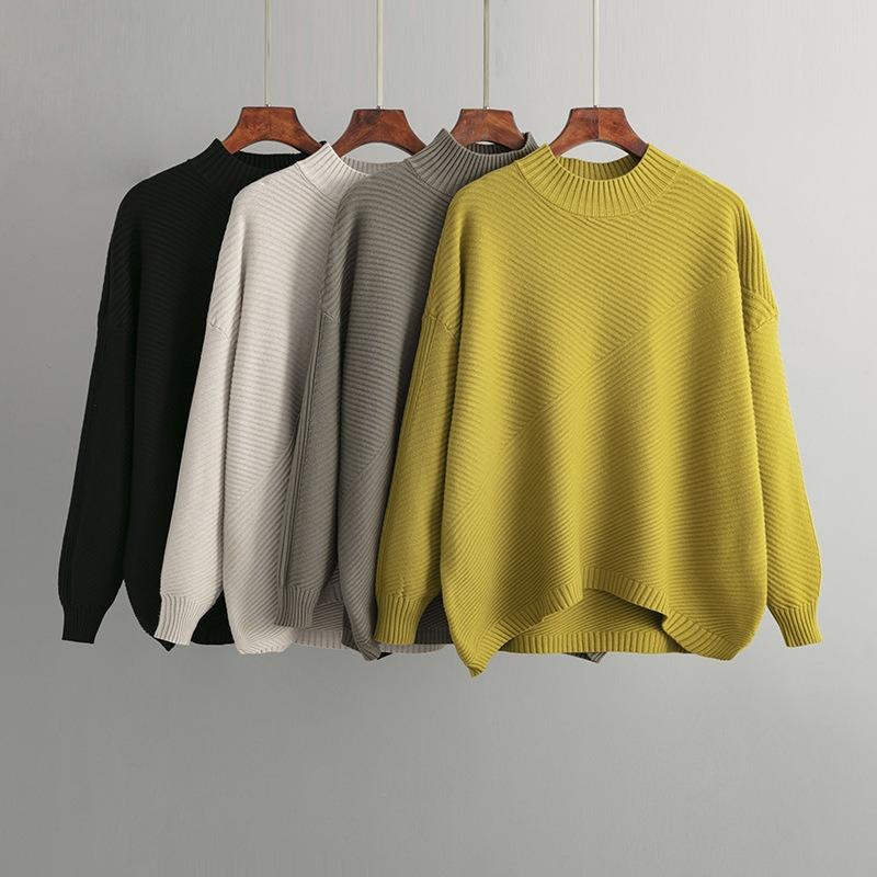 New Autumn and Winter Retro Loose Solid Color Pullover Sweater for Women Half Turtleneck Sweater Bottoming Shirt