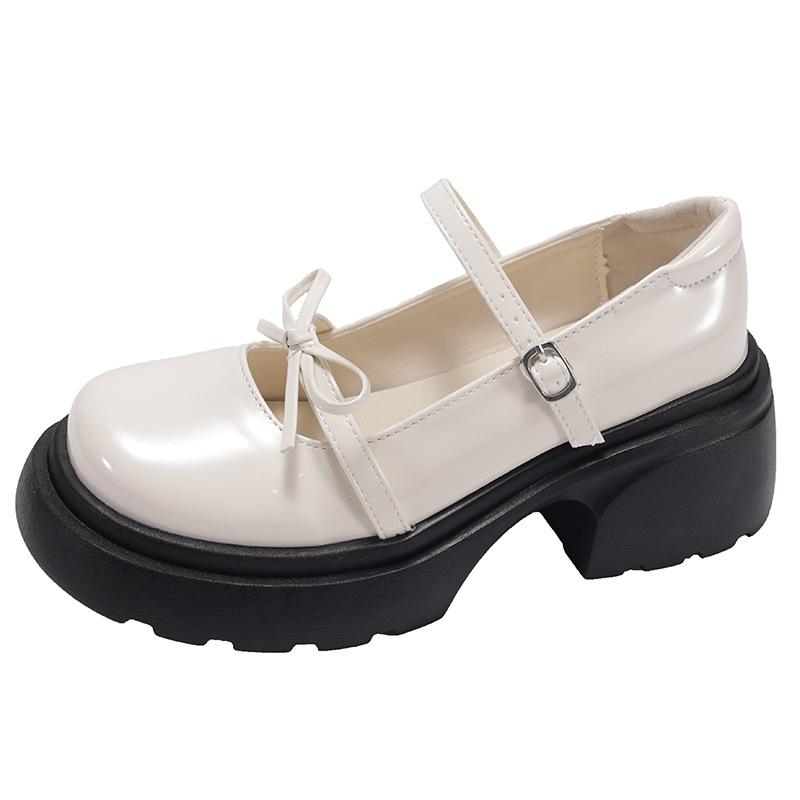 Schwarze Mary Jane High Heels mit dickem Absatz, Damen Sommer 2025, neue kleine Lederschuhe, französische Absatzhöhe, runde Spitze, flacher Ausschnitt, Einzelne Schuhe