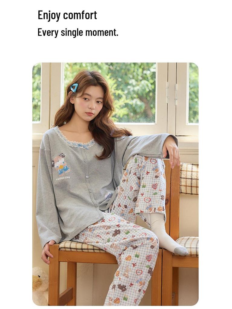 2025 Women's Pure Cotton Pajama Set - Long Sleeve & Pants, with Breast Pads, Loose Home Wear, Spring/Autumn Two-Piece.