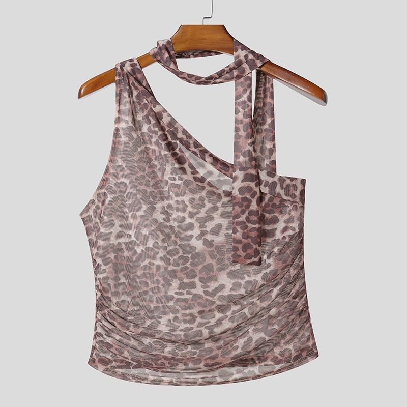 

INCERUN Men Tie Up One Shoulder Sleeveless Leopard Print Mesh See Through Party Tank Tops 3XL хаки