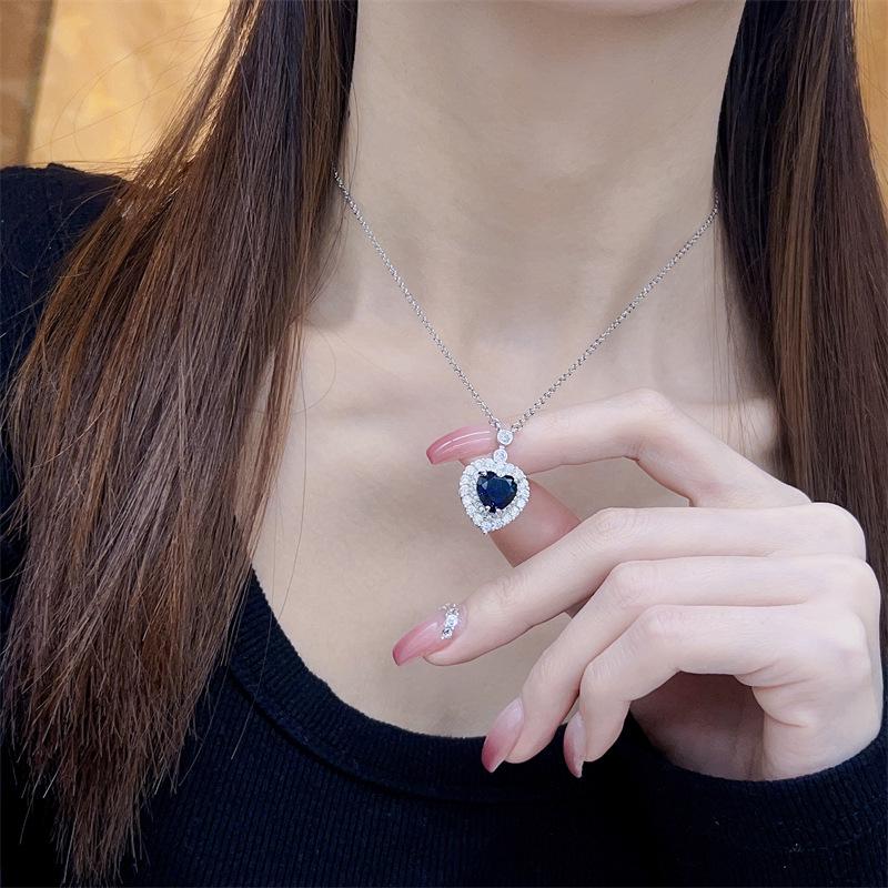 Women's Light Luxury Sapphire Heart Pendant Clavicle Chain with Colored Gemstones and Full Diamond Inlay - New European & American Style.